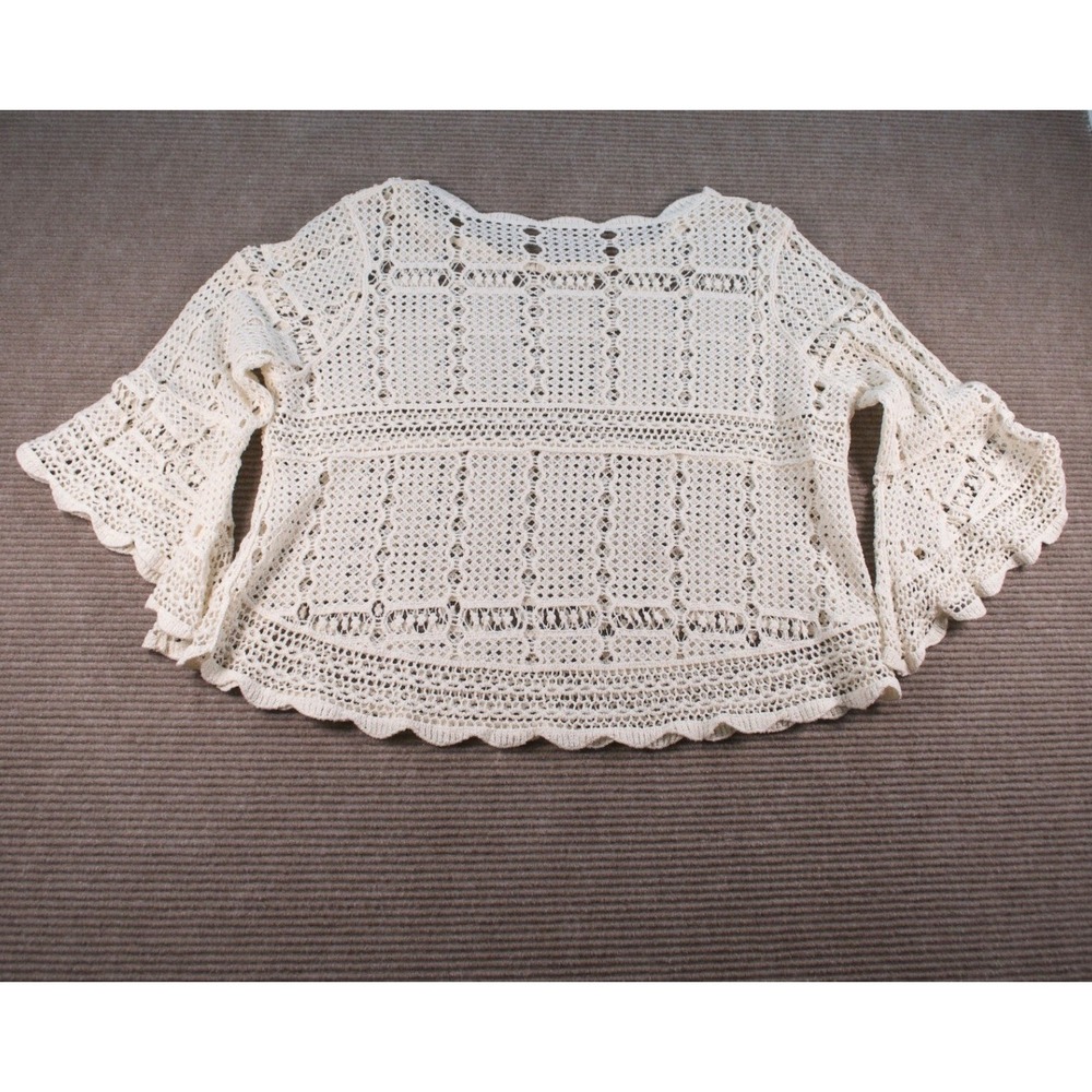 Boho Cream Cotton Crochet Open Knit Bell Sleeve Blouse Top M/L - Picture 7 of 9